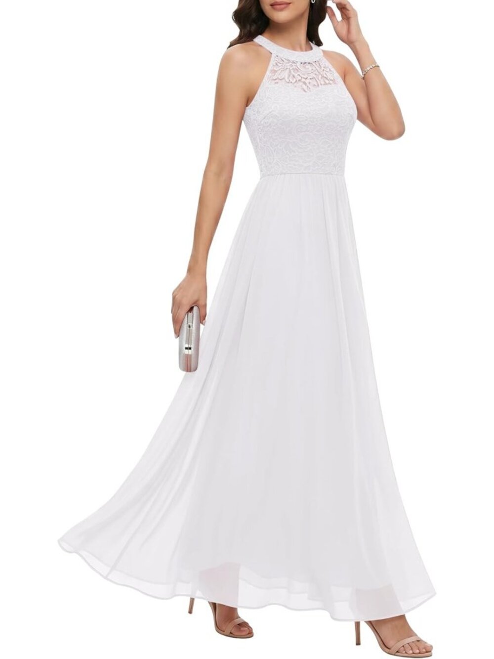 White Floral Lace Halter Long Formal Prom Bridesmaid Dress Size L